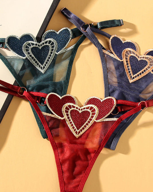Heart Embroidered Sheer Mesh Sexy Thong