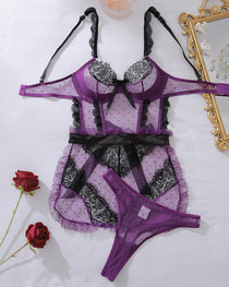 Sexy Colorblock Lace See-through Mesh Hollow-out Backless Underwire Lingerie Set