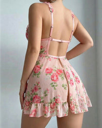 Deep V-neck Floral Print Sheer Mesh Ruffle Camisole Nightgown