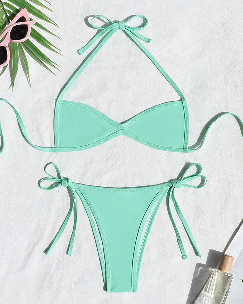 Sexy Solid Color Halter Neck Mini Pleated Beach Bikini Main image