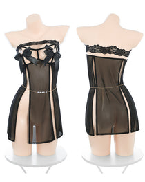 Off-the-shoulder Bow-detailed Open-front High Slit Nightgown with Thong Set