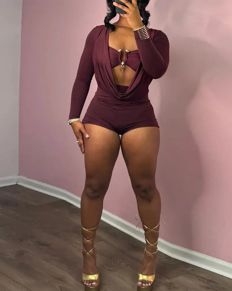 Women's Casual Two-in-one Draped Design Slim-fit Long-sleeved Jumpsuit Main image