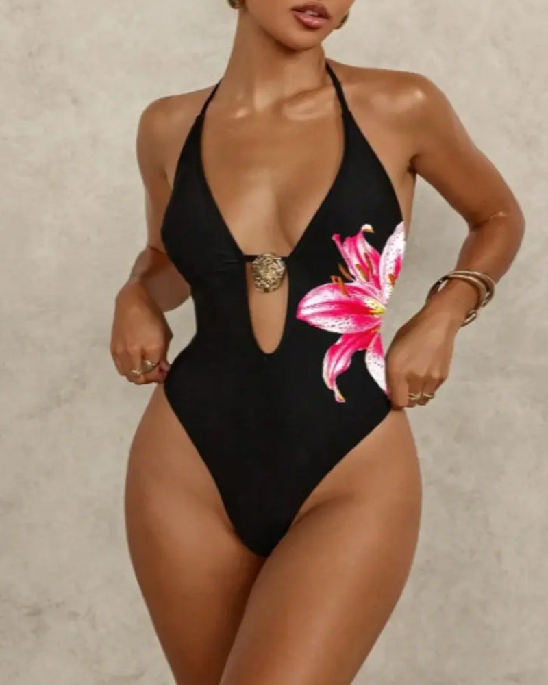 Deep V Floral Print Halter Neck Backless One-piece Swimsuit Main image