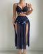 Sexy Sheer Mesh Tassel-decorated Deep V-neck Top and High-slit Long Skirt Lingerie Set