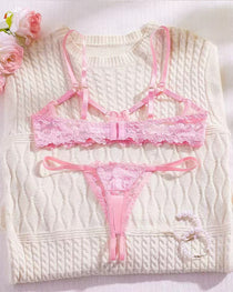 Sexy Lace Floral Openwork Bra and Thong Lingerie Set