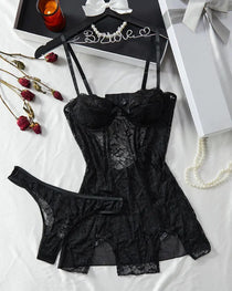 Women's Sexy Floral Lace See-through Slip Dress and Thong Set