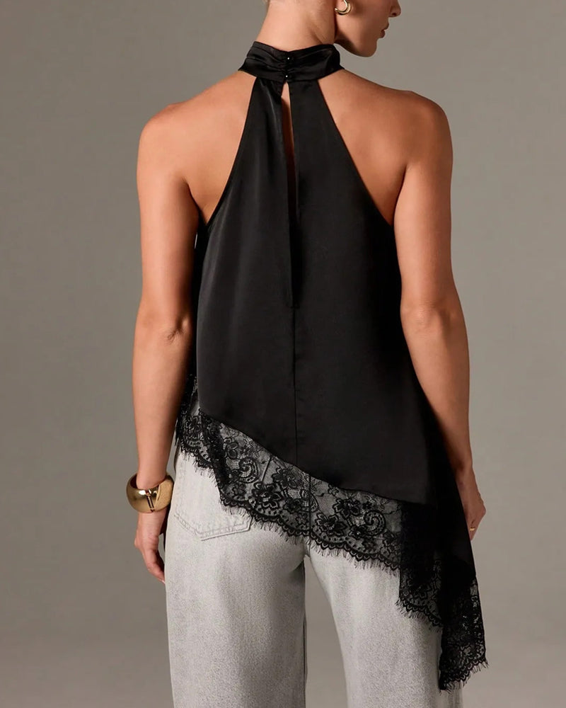 Women's Sleeveless Lace-trimmed Asymmetrical Halter Neck Satin Breathable Top Secondary image