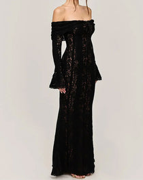 Women's Solid Color Lace Off-Shoulder Long Sleeve Slim Fit Dress