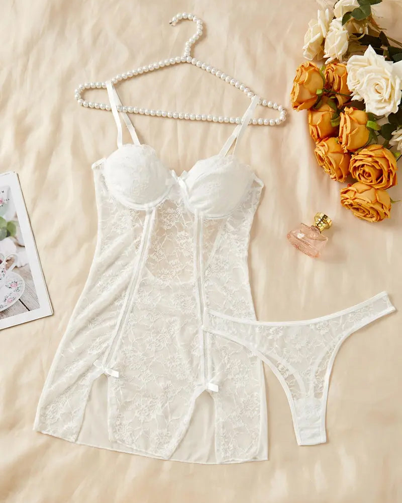 Women's Sexy Floral Lace See-through Slip Dress and Thong Set
