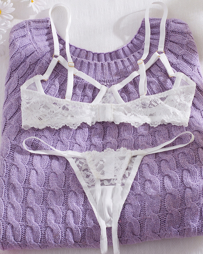 Sexy Lace Floral Openwork Bra and Thong Lingerie Set