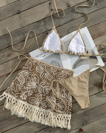 Bohemian Halter Bikini and Tassel Sarong Three-piece Set