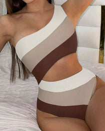One-shoulder Striped Colorblock Cutout Sexy One-piece Swimsuit