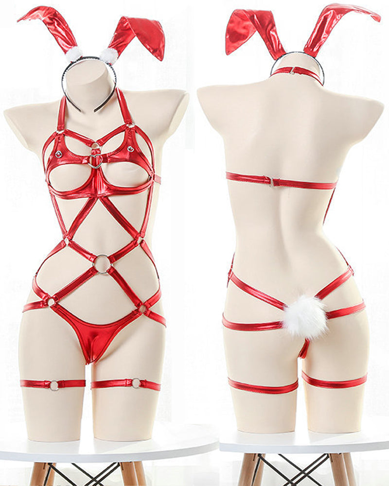 Christmas Sexy Openwork Bunny Girl Patent Leather Lingerie Set Main image