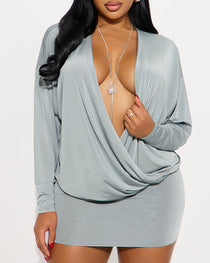 Sexy Deep V-neck Batwing Long-sleeved Dress