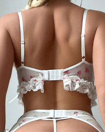 Sexy Floral Print Lace See-through Mesh Lingerie Set with Stockings