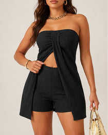 Casual Textured Fabric Strapless Twisted Front Slit Top and Shorts Set