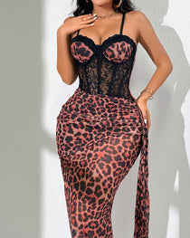 Sexy Leopard Print Lace Patchwork Fitted Spaghetti Strap Long Dress