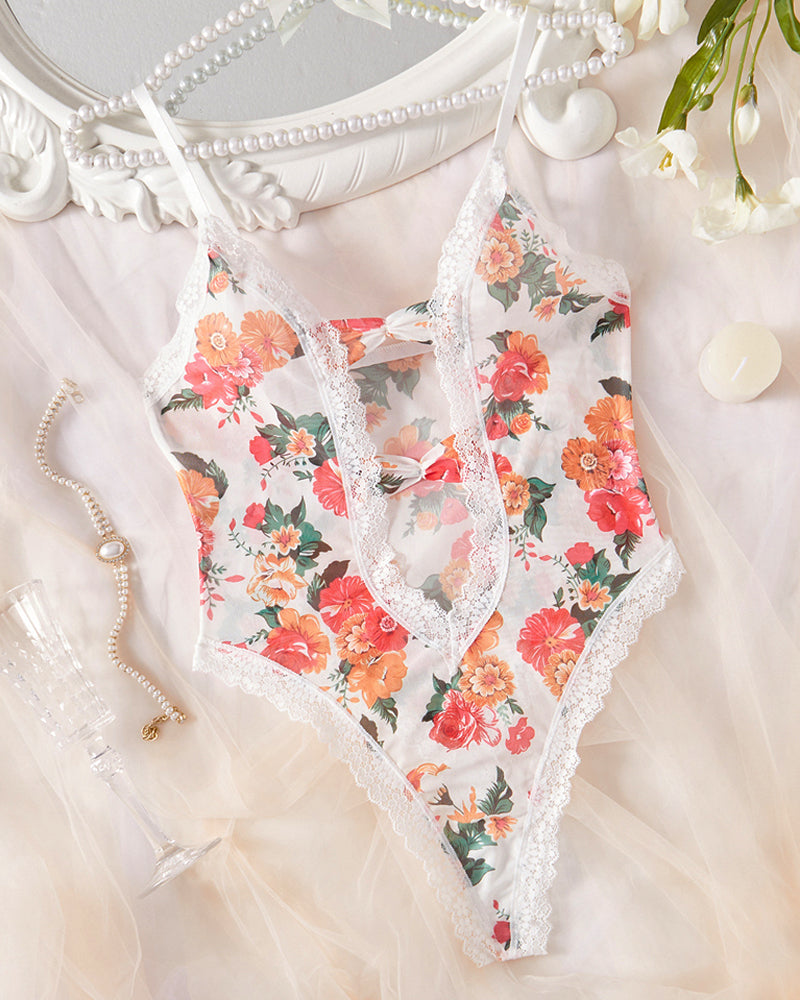 Colorful Floral Print Mesh Sheer Bodysuit Lingerie Main image