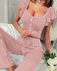 Casual Solid Color Ruffled Short-sleeved and Long Pants Loungewear Set