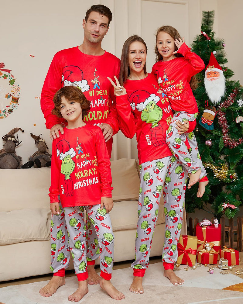 Christmas Grinch Color Block Fun Print Crew Neck Family Pajama Set Main image