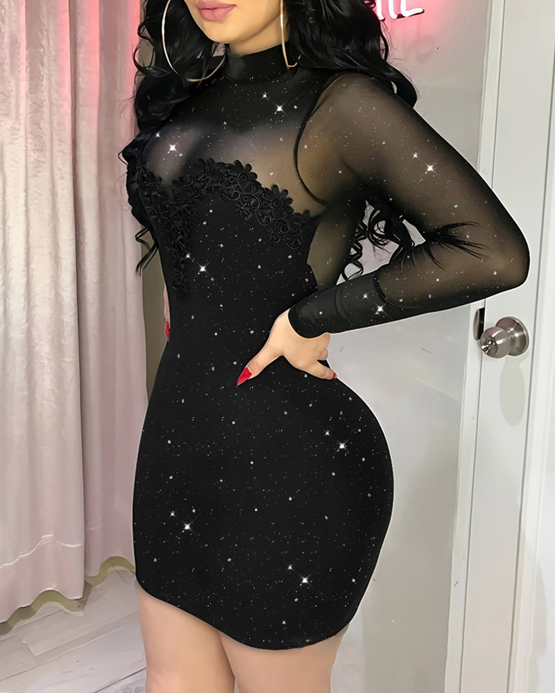 Shimmering Mesh Floral Embroidery Patchwork Round Neck Long Sleeve Bodycon Dress Main image