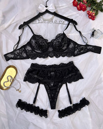 Sexy Floral Lace Mesh Underwire Bra Lingerie and Detachable Lace Thigh Garter Belt Set