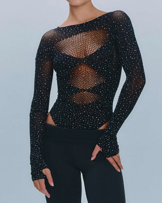Sexy Rhinestone Stretch Fishnet Round Neck Long Sleeve Bodysuit