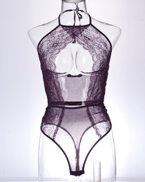 Sexy Lace Mesh Openwork Halter Bodysuit