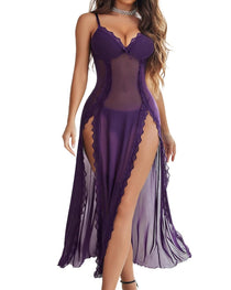 Sexy Suspenders See-Through Lace Mesh Long Slits With Panties Pajamas Set