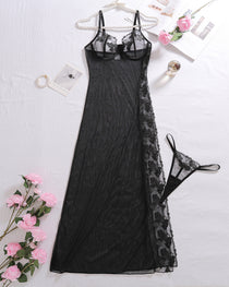 See-through Mesh Sexy High-slit Chemise Long Nightgown Set