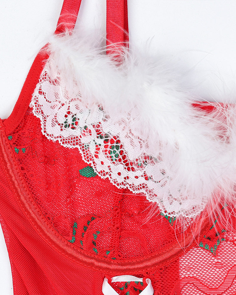 Sexy Christmas Lace Mesh Sheer Lingerie Set with Stockings