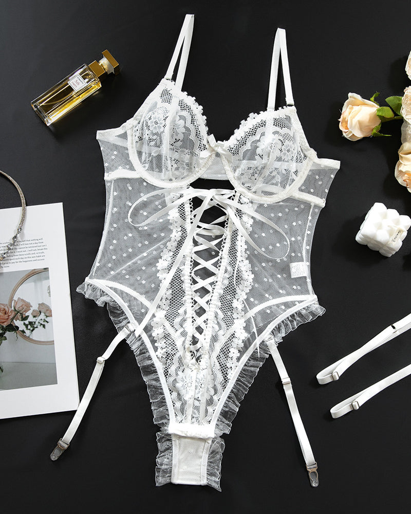 Sexy Floral Polka Dot Lace Sheer Mesh Cutout Camisole Bodysuit Lingerie