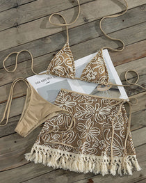 Bohemian Halter Bikini and Tassel Sarong Three-piece Set