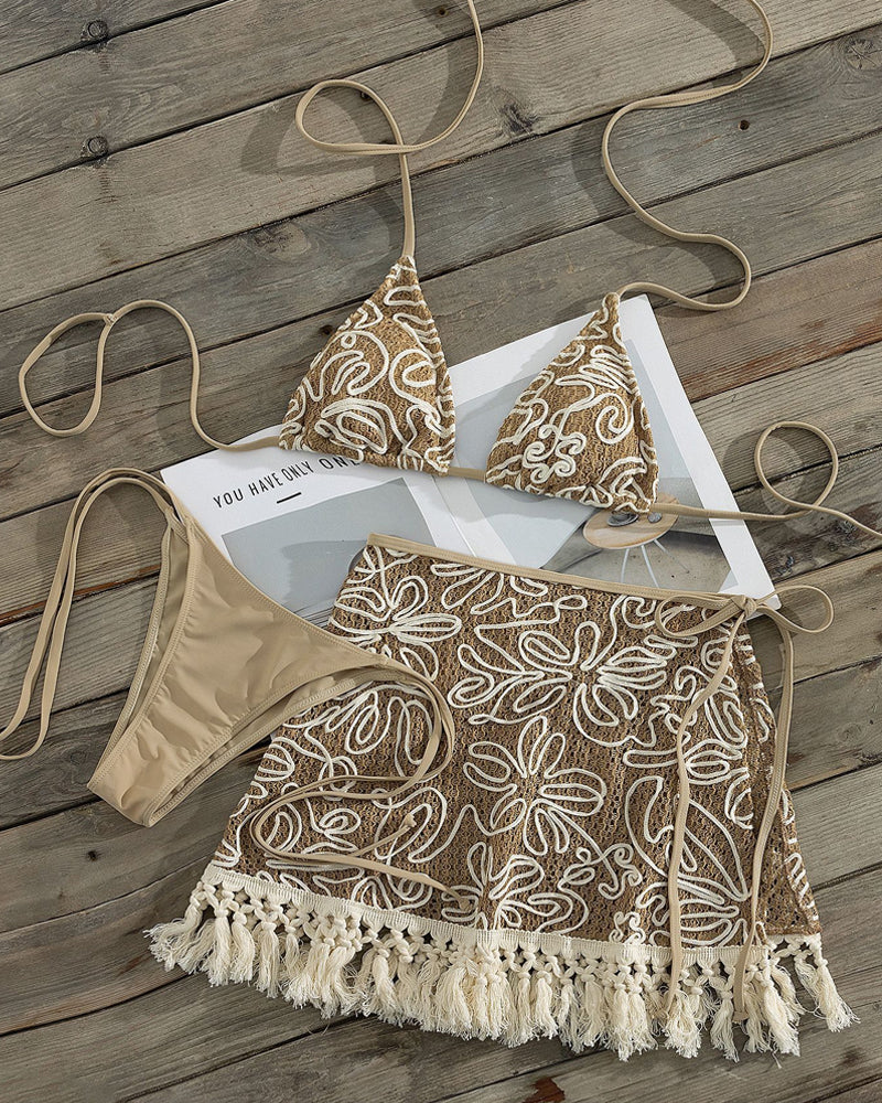 Bohemian Halter Bikini and Tassel Sarong Three-piece Set