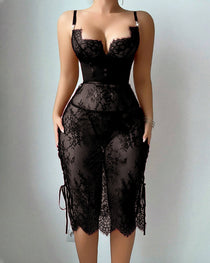 Sexy Flower Lace Hollow See-Through Side Strap Long Suspender Dress