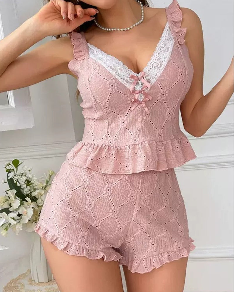V-neck Ruffled Sleeveless Top and Shorts Pajama Set Main image