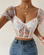 Sexy Low-cut Backless Embroidered Mesh Panels Puff Sleeves Top