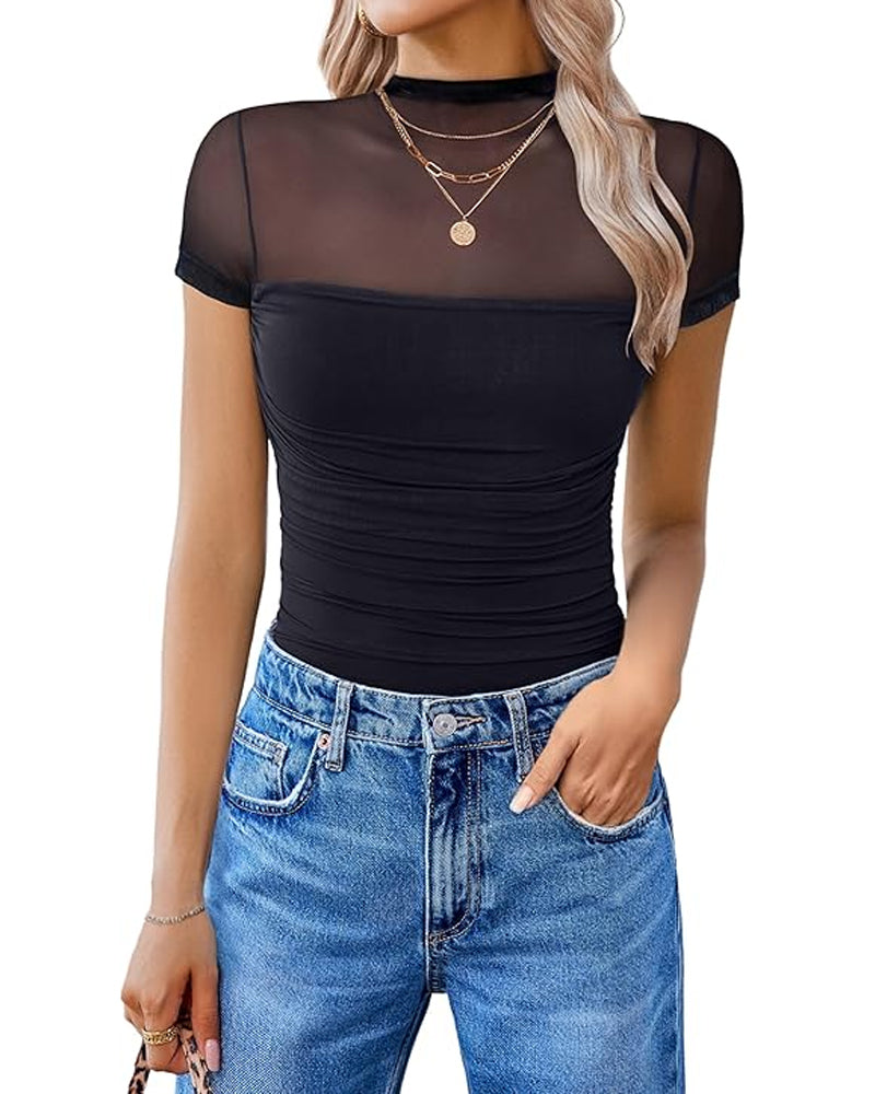 Women's High-Neck Sheer Mesh Panel Seamless Short Sleeve Bodysuit Main image