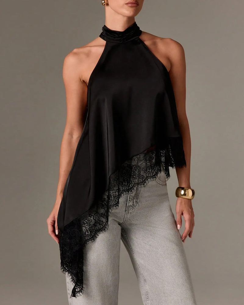 Women's Sleeveless Lace-trimmed Asymmetrical Halter Neck Satin Breathable Top Main image