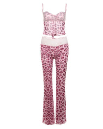Casual Lace-paneled Sheer Mesh Colorblock Leopard Print Sleeveless Tank Top and Butt-lifting Long Pants Set
