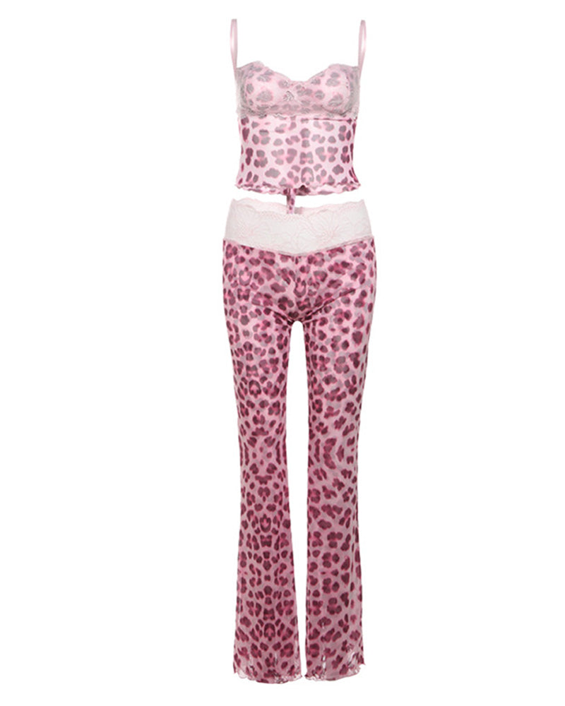Casual Lace-paneled Sheer Mesh Colorblock Leopard Print Sleeveless Tank Top and Butt-lifting Long Pants Set