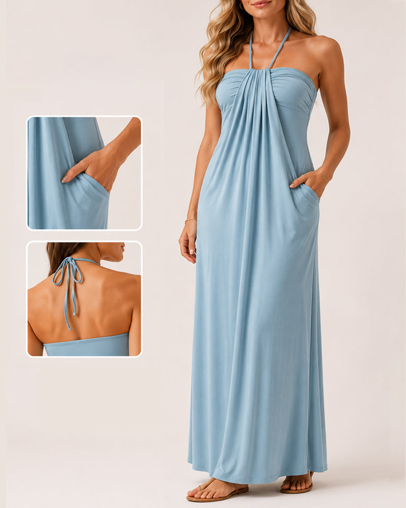 Halter Neck Backless Tie-up Long Dress with Pockets Main image