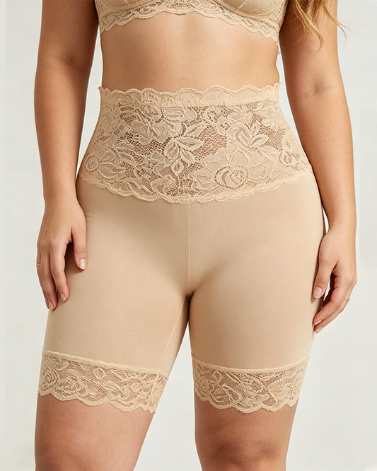 Women's High-Waisted Seamless Tummy Control Lace-Trimmed Elastic Shaping Shorts