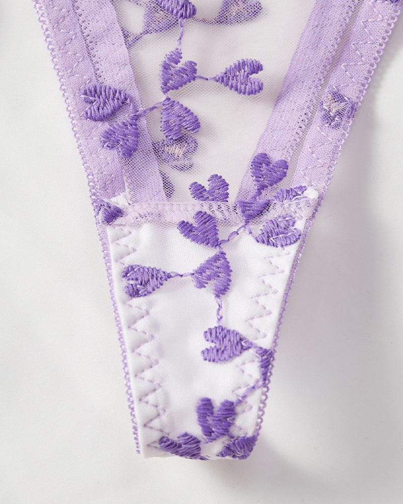 Sexy Sheer Mesh Heart-shaped Embroidery Underwire Lingerie Set