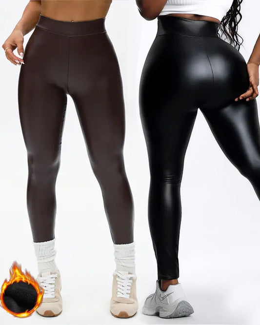 Women's Fleece-lined Stretchy Faux Leather PU High-waisted Leggings