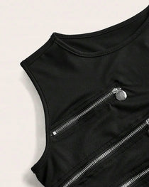 Black Sexy Irregular Zipper Cutouts Sleeveless Top