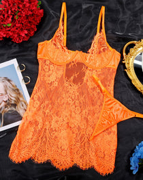 Sexy Lace Sheer Push-up Camisole Nightgown and Thong Set