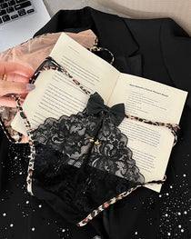 Leopard Print Lace Patchwork Mesh See-through Cutout Bell Bow Decoration Panties
