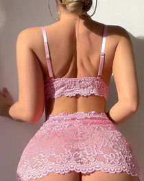 Sexy V Neck Lace Trimmed Strappy Lingerie Set