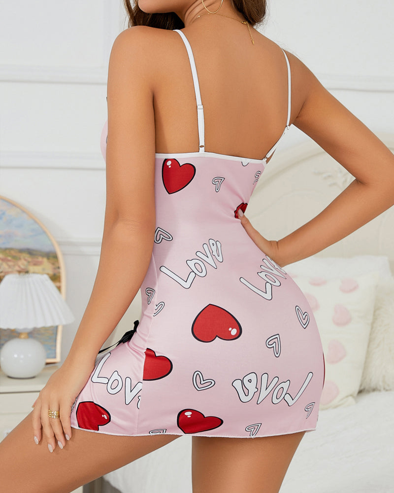 Valentine's Day Heart-themed Letter Print Lace-Trimmed Slit Short Nightgown Secondary image